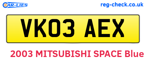 VK03AEX are the vehicle registration plates.