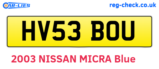 HV53BOU are the vehicle registration plates.