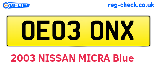 OE03ONX are the vehicle registration plates.