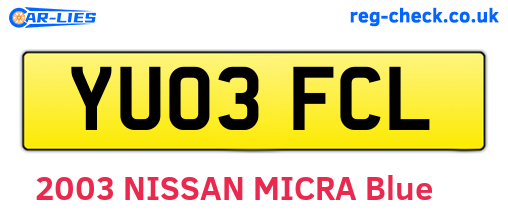 YU03FCL are the vehicle registration plates.