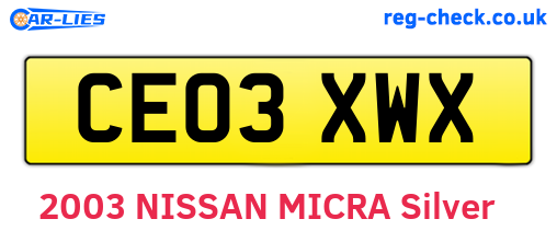 CE03XWX are the vehicle registration plates.