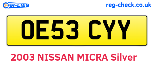 OE53CYY are the vehicle registration plates.