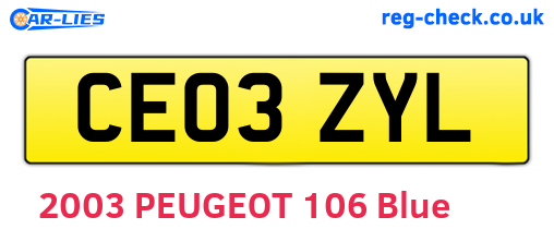 CE03ZYL are the vehicle registration plates.