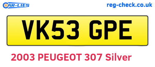 VK53GPE are the vehicle registration plates.
