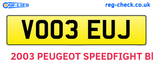 VO03EUJ are the vehicle registration plates.