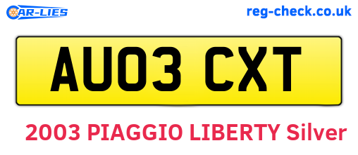 AU03CXT are the vehicle registration plates.