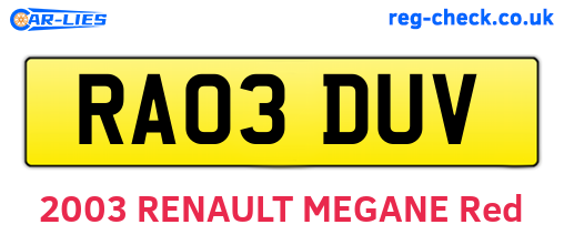 RA03DUV are the vehicle registration plates.