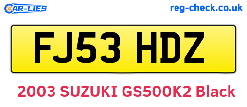 FJ53HDZ are the vehicle registration plates.