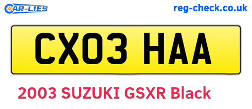 CX03HAA are the vehicle registration plates.
