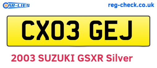 CX03GEJ are the vehicle registration plates.