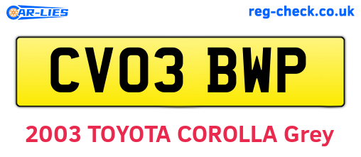 CV03BWP are the vehicle registration plates.