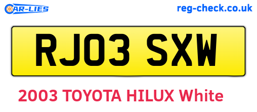 RJ03SXW are the vehicle registration plates.