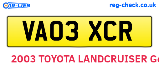 VA03XCR are the vehicle registration plates.