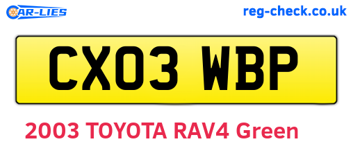 CX03WBP are the vehicle registration plates.