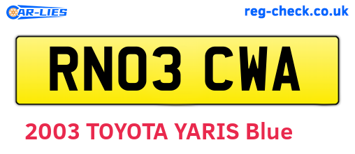 RN03CWA are the vehicle registration plates.