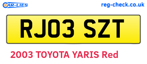 RJ03SZT are the vehicle registration plates.