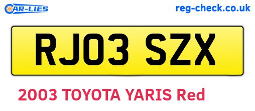 RJ03SZX are the vehicle registration plates.