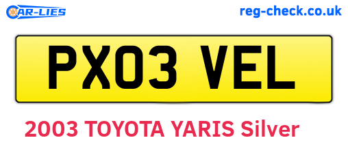 PX03VEL are the vehicle registration plates.