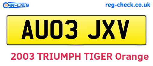 AU03JXV are the vehicle registration plates.