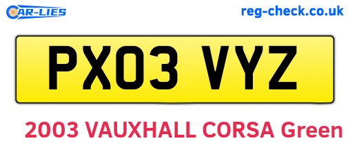 PX03VYZ are the vehicle registration plates.