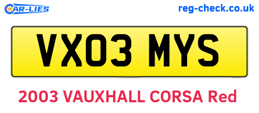VX03MYS are the vehicle registration plates.