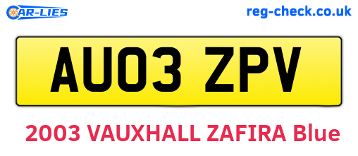 AU03ZPV are the vehicle registration plates.