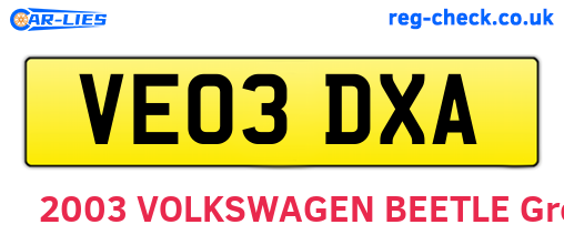 VE03DXA are the vehicle registration plates.
