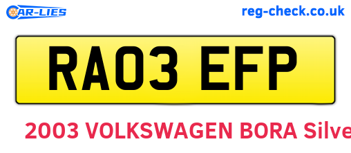 RA03EFP are the vehicle registration plates.