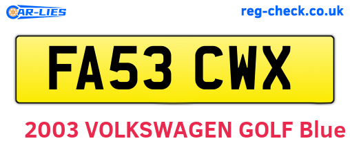 FA53CWX are the vehicle registration plates.