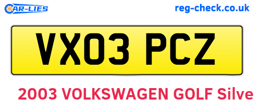 VX03PCZ are the vehicle registration plates.