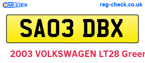 SA03DBX are the vehicle registration plates.