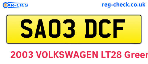 SA03DCF are the vehicle registration plates.
