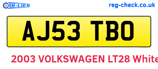 AJ53TBO are the vehicle registration plates.