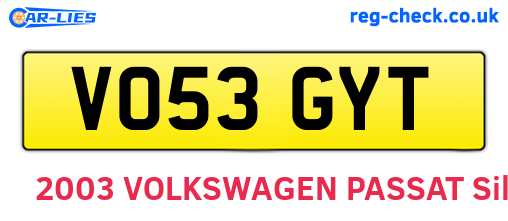 VO53GYT are the vehicle registration plates.