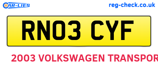 RN03CYF are the vehicle registration plates.