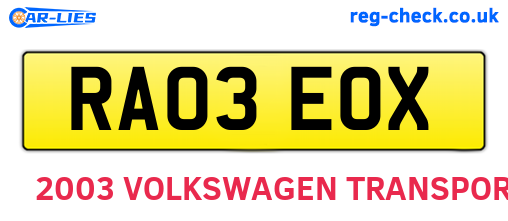 RA03EOX are the vehicle registration plates.