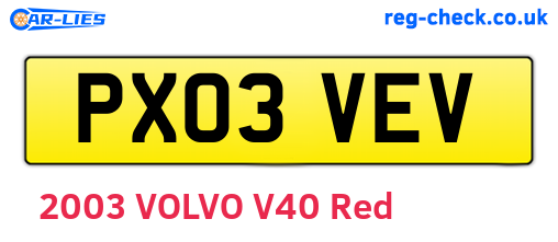 PX03VEV are the vehicle registration plates.
