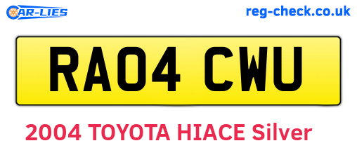 RA04CWU are the vehicle registration plates.