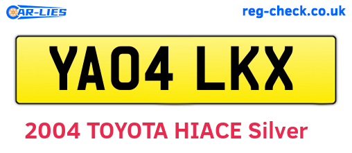 YA04LKX are the vehicle registration plates.