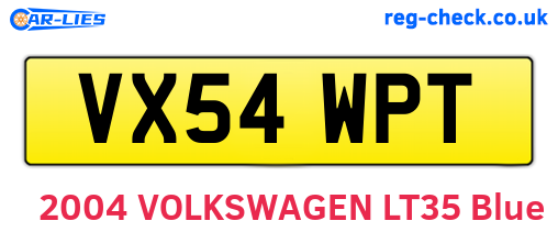 VX54WPT are the vehicle registration plates.