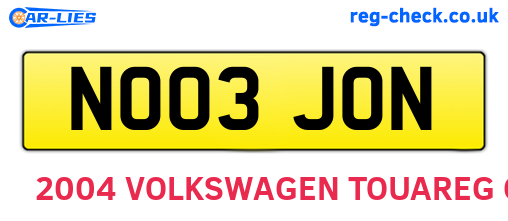 NO03JON are the vehicle registration plates.