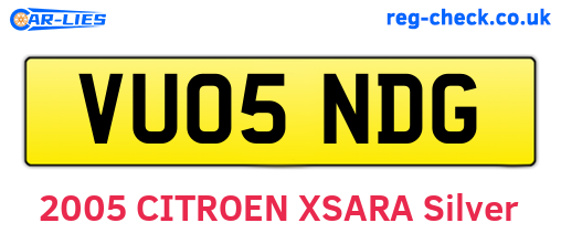 VU05NDG are the vehicle registration plates.
