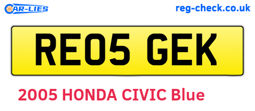 RE05GEK are the vehicle registration plates.