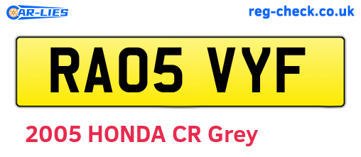 RA05VYF are the vehicle registration plates.