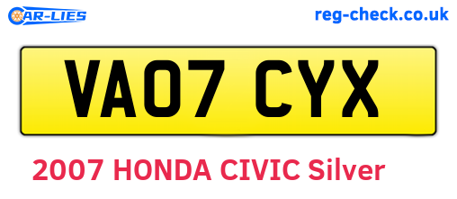 VA07CYX are the vehicle registration plates.