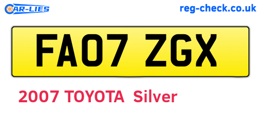 FA07ZGX are the vehicle registration plates.