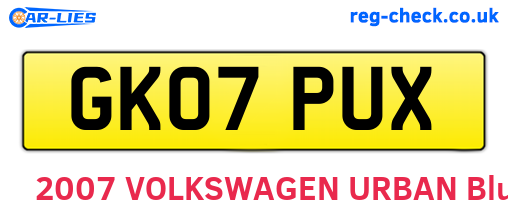 GK07PUX are the vehicle registration plates.
