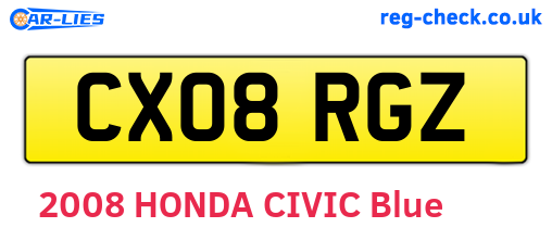 CX08RGZ are the vehicle registration plates.
