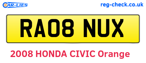 RA08NUX are the vehicle registration plates.