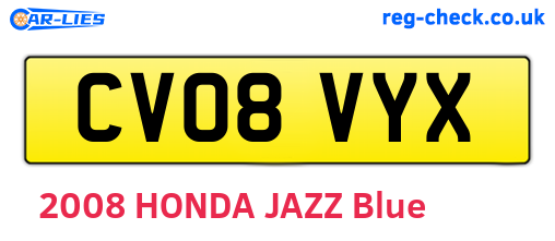 CV08VYX are the vehicle registration plates.